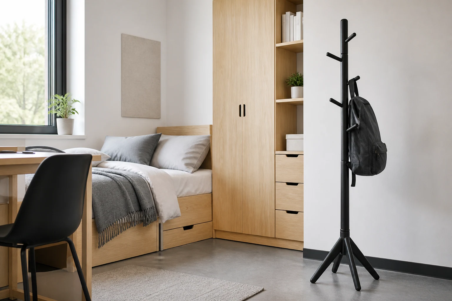 CR-W02 compact black pine coat rack shown in a concept adult student dormitory room
