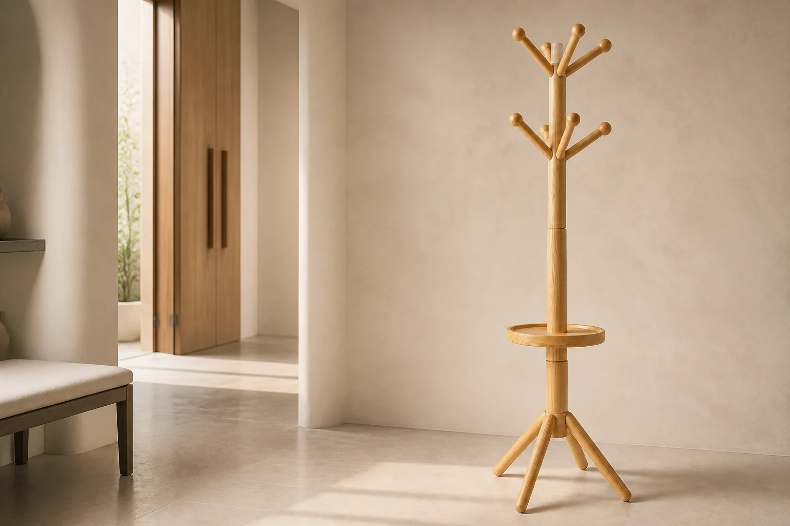 CR-W08 natural pine coat rack with valet tray shown in a concept premium entryway