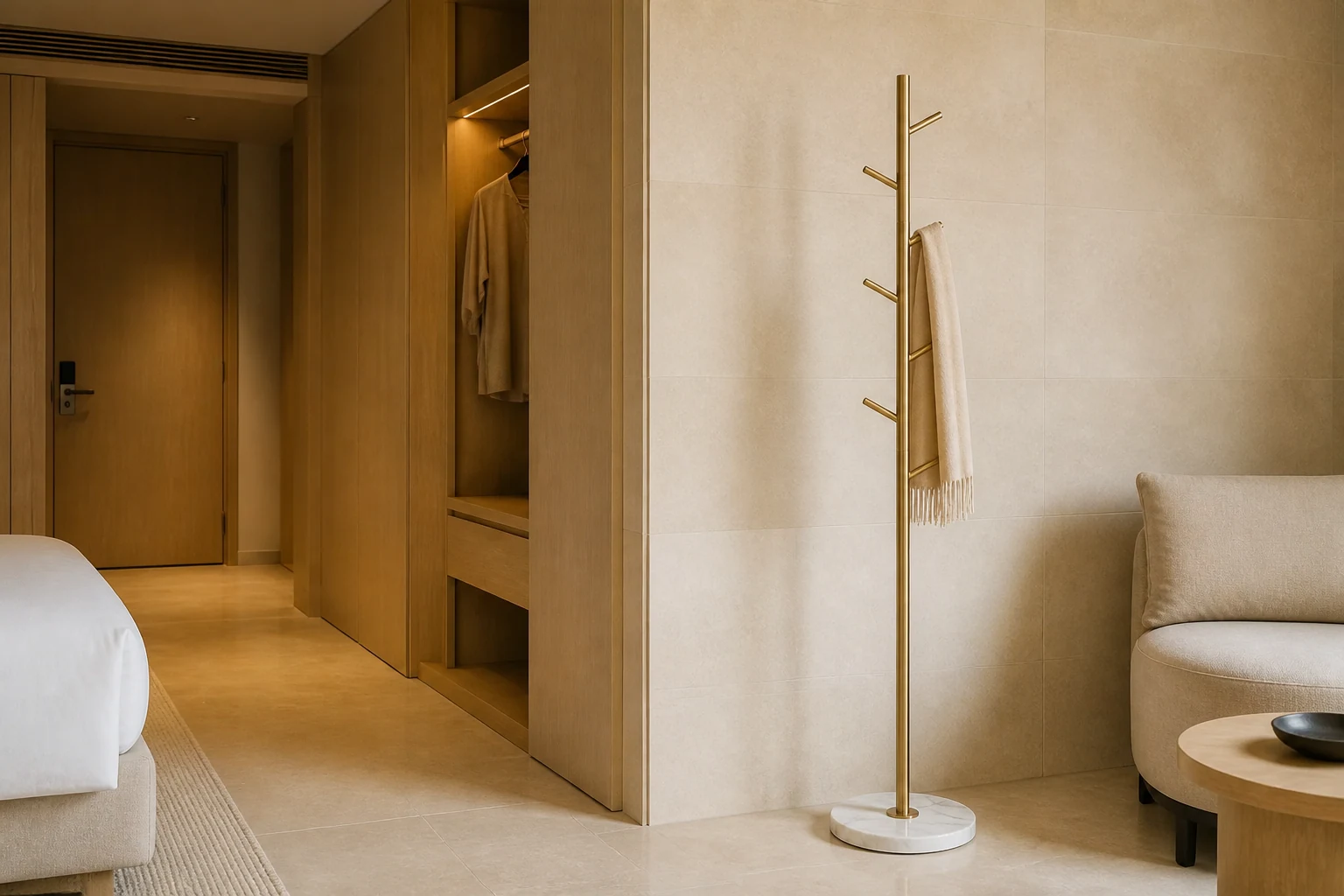 CR-M05 gold metal coat rack with white marble base shown in a concept hotel room interior