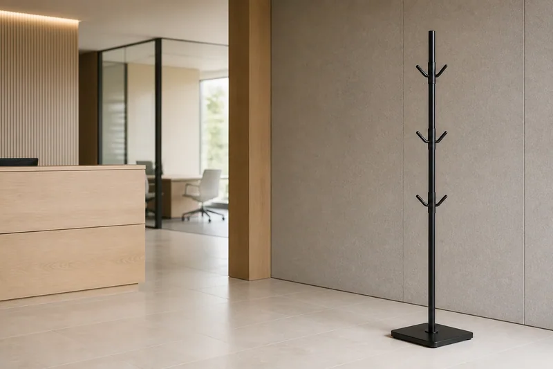 CR-M04 matte black square-base coat rack shown in a concept modern office reception