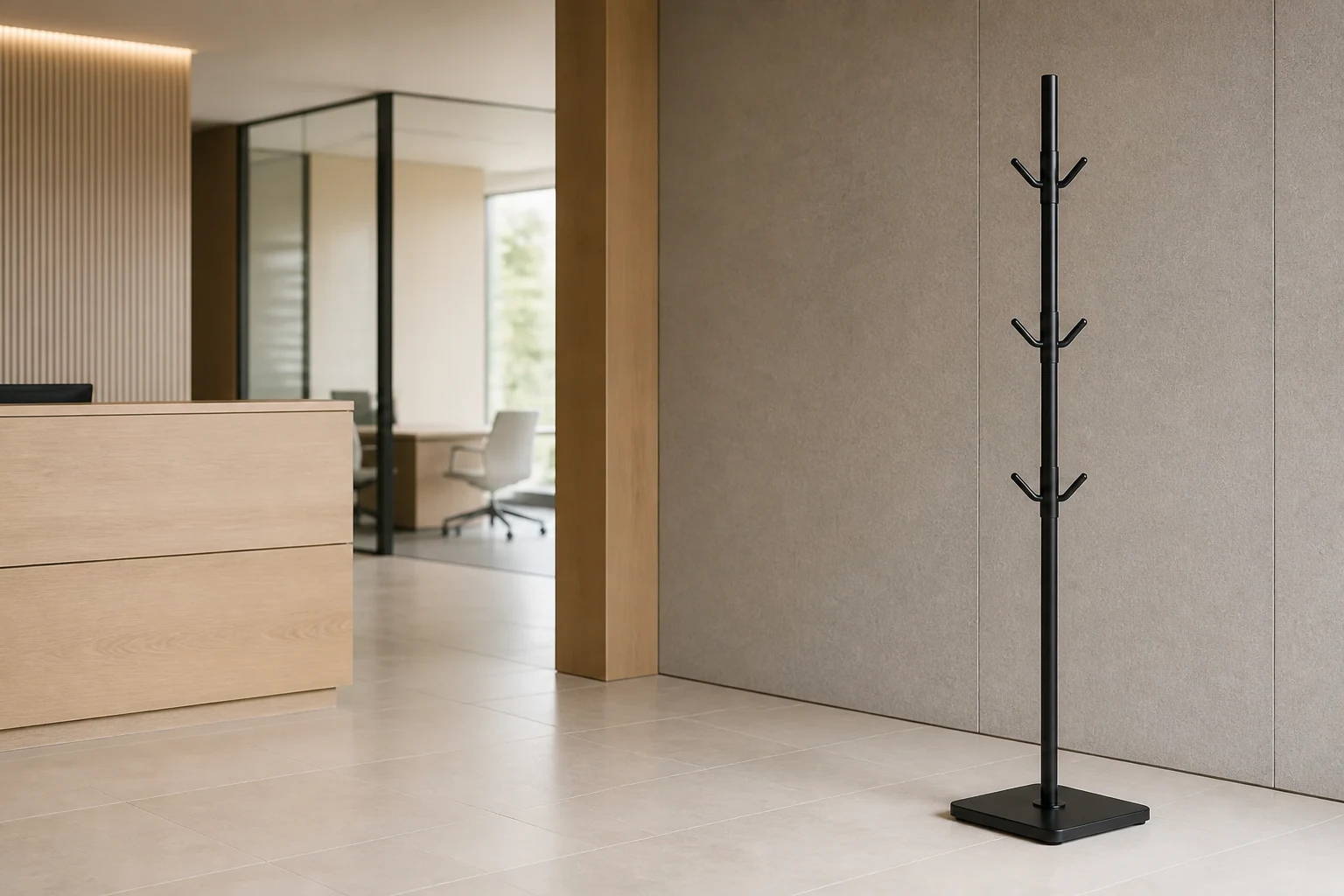 CR-M04 matte black square-base coat rack shown in a concept modern office reception