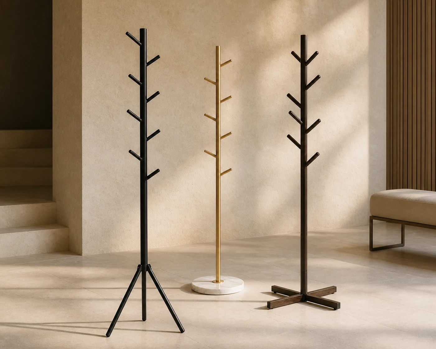 Metal coat rack concepts showing powder-coated, marble-base and wood-grain finish directions
