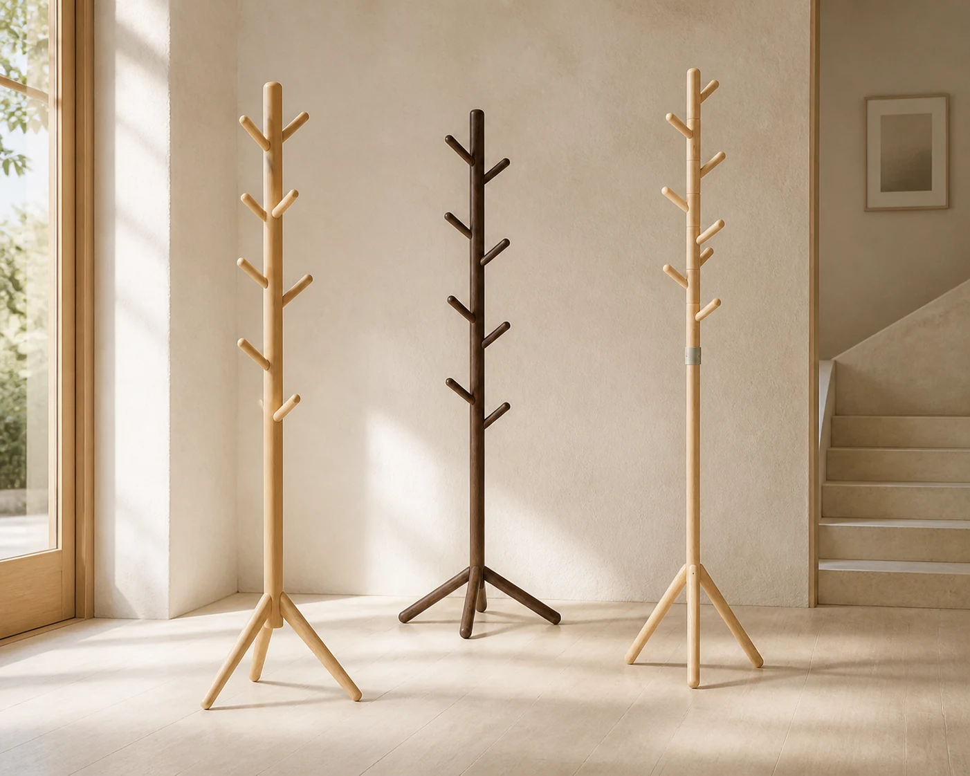 Solid pine coat rack concepts used as a material comparison reference