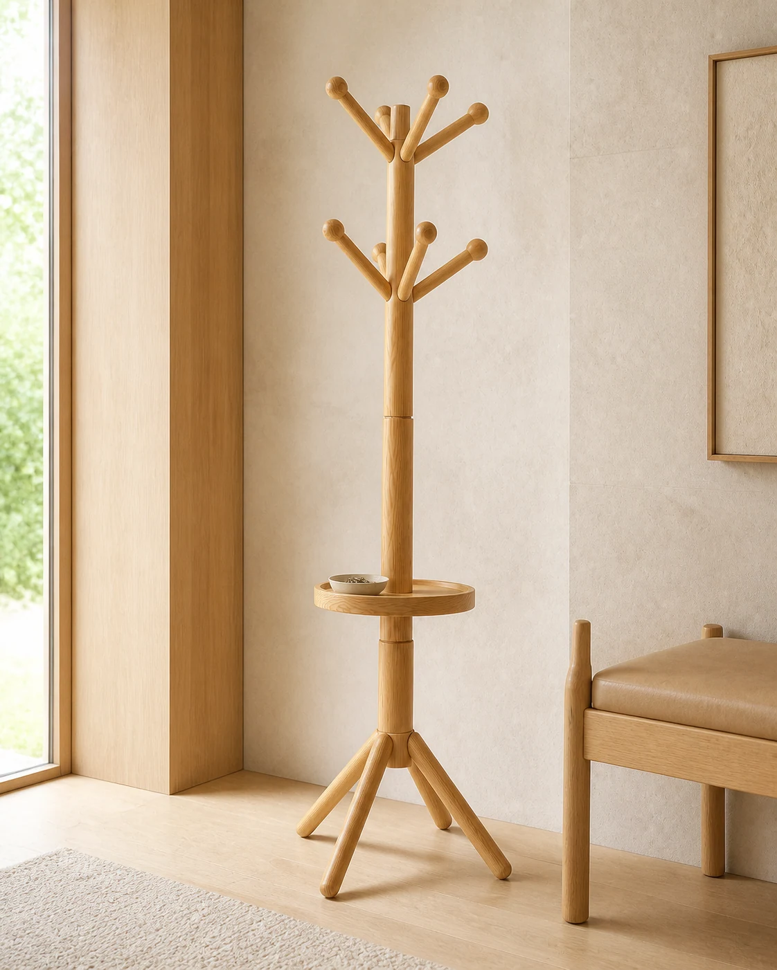 Pine Coat Rack with Valet Tray concept shown in a suggested interior application